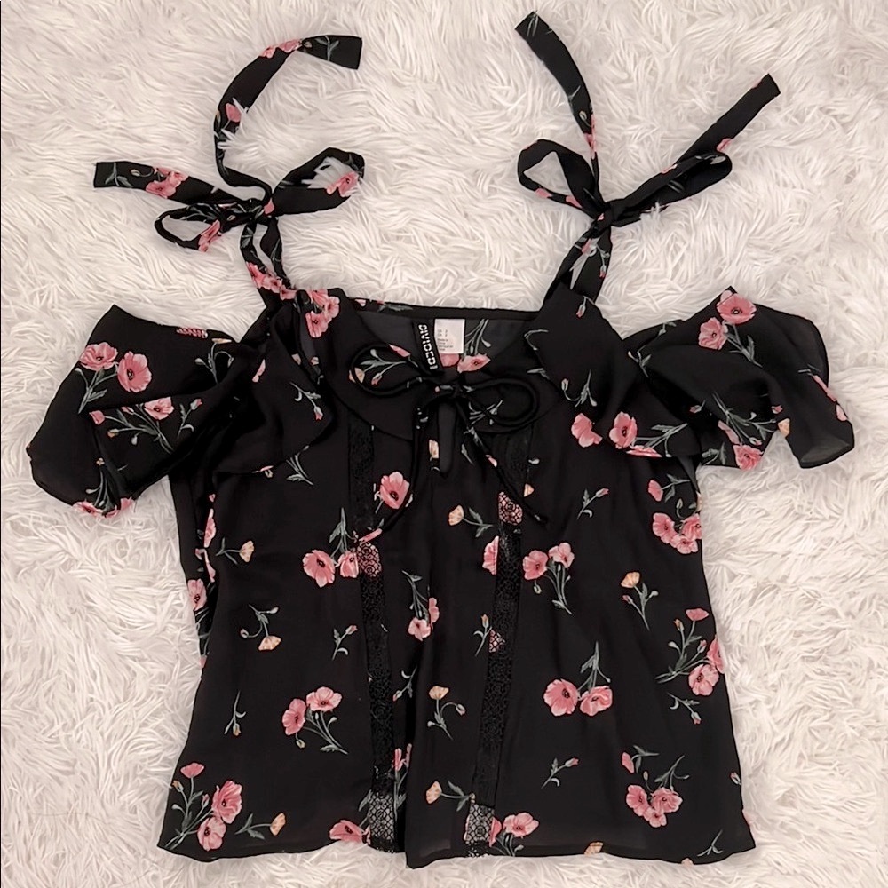 Floral Cold Shoulder Black Flowy Blouse with Pink Accents
